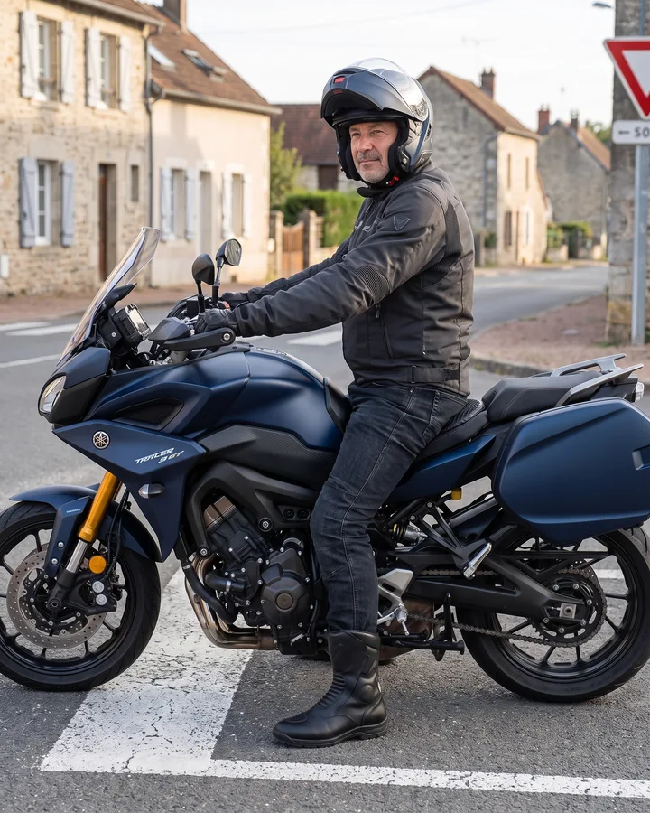 Rider stopped at an intersection, feet flat on the ground, SelleZen cushion on his seat