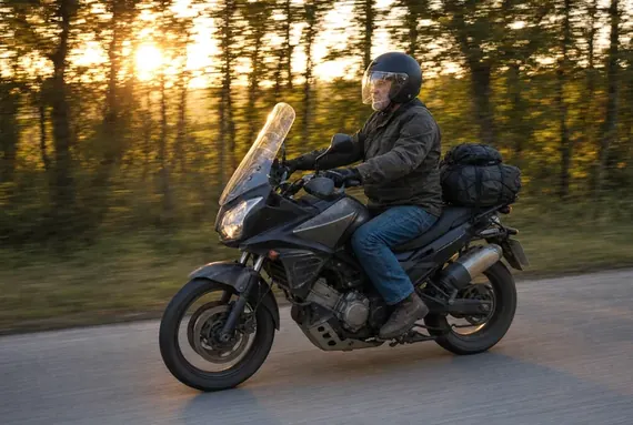 Rider on a fully loaded tourer, long road at sunset